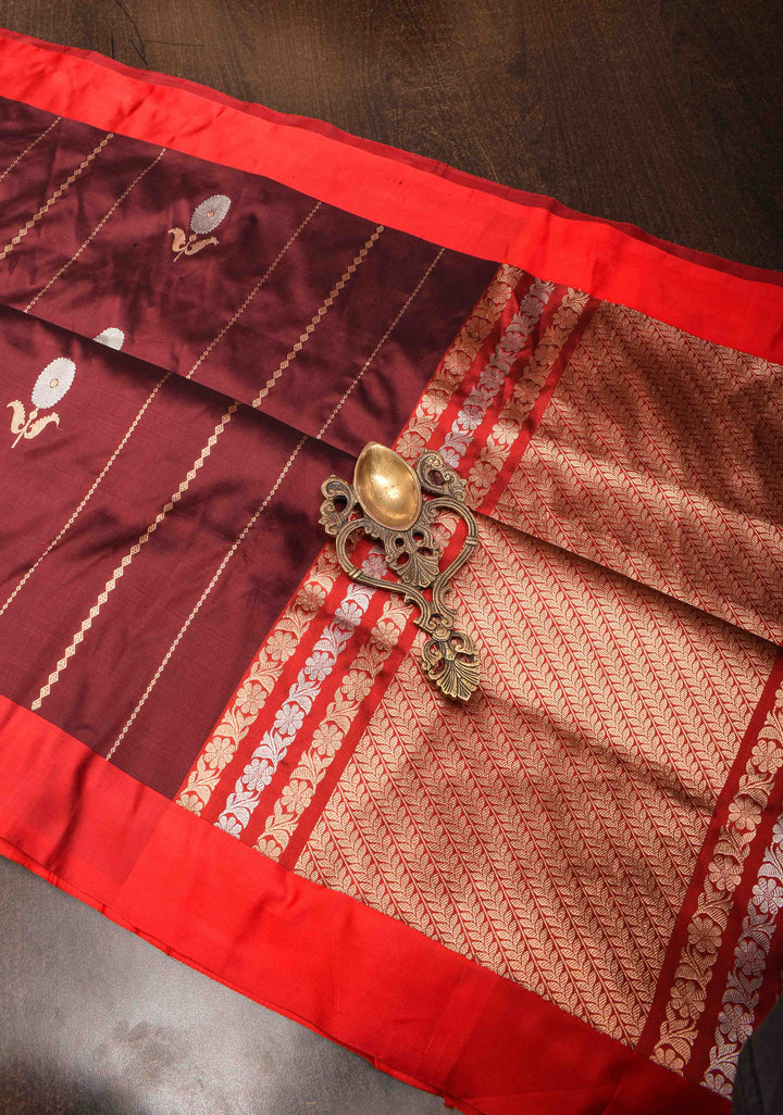 Brown Banarasi Katan silk saree with Alfi Butta ornate vertical stripes and Zari Border | SILK MARK CERTIFIED