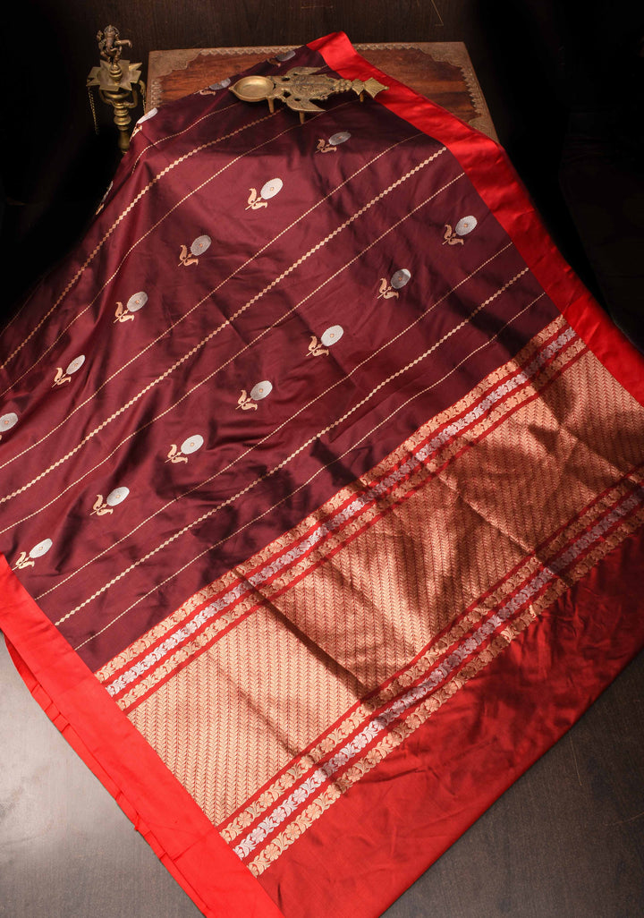 Brown Banarasi Katan silk saree with Alfi Butta ornate vertical stripes and Zari Border | SILK MARK CERTIFIED