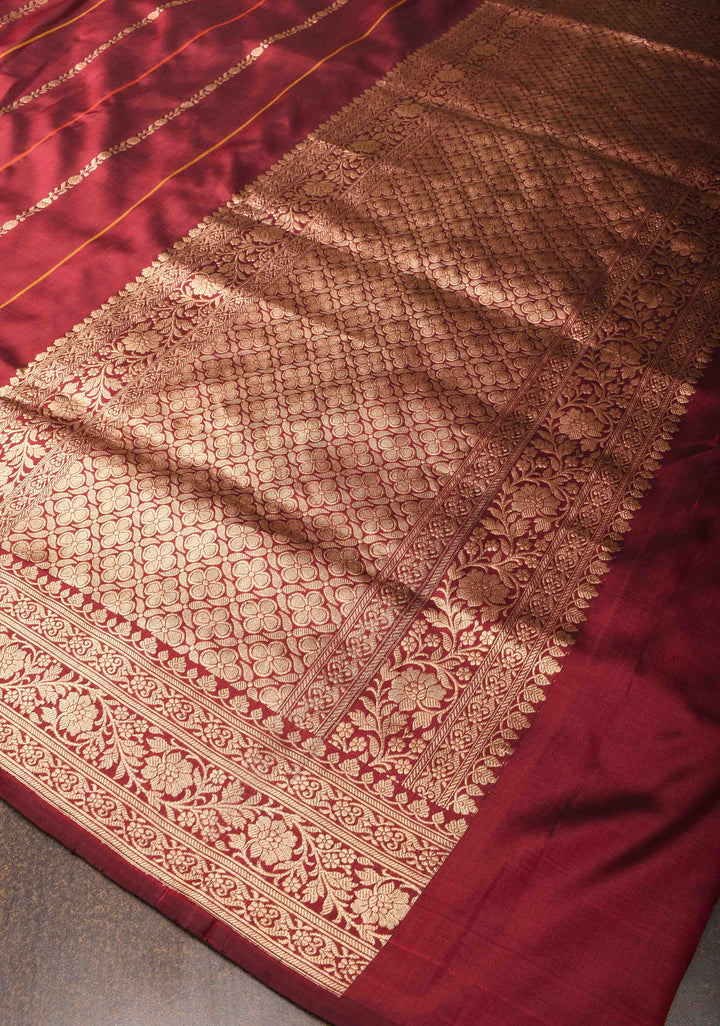 Maroon Banarasi mashru silk saree with Vertical Stripes and Zari Border| SILK MARK CERTIFIED