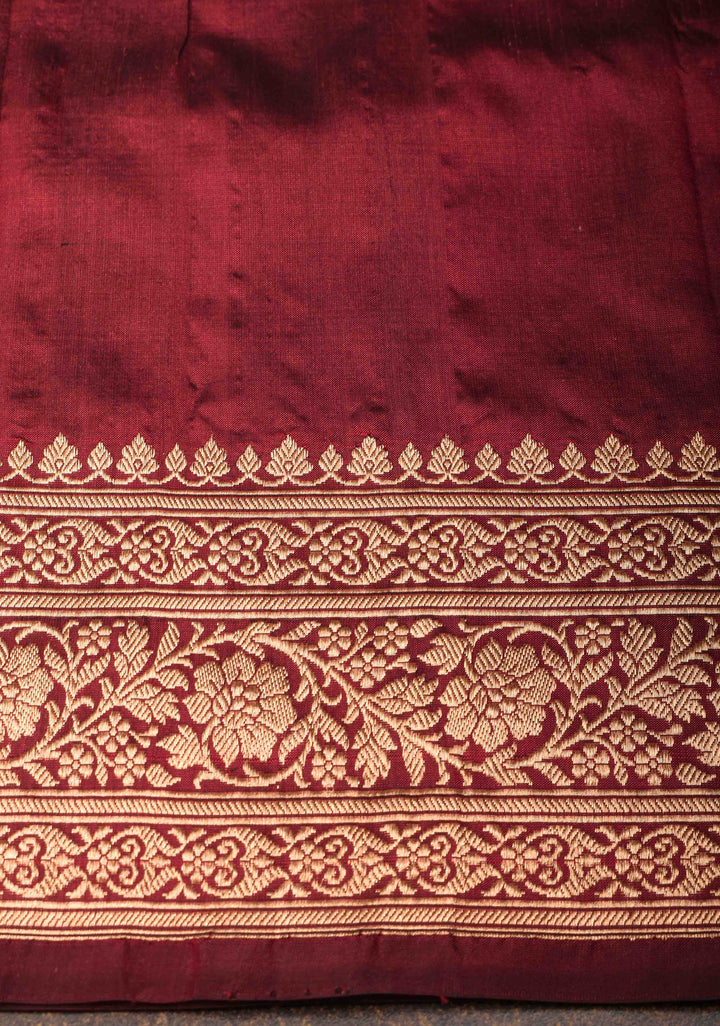 Maroon Banarasi mashru silk saree with Vertical Stripes and Zari Border| SILK MARK CERTIFIED