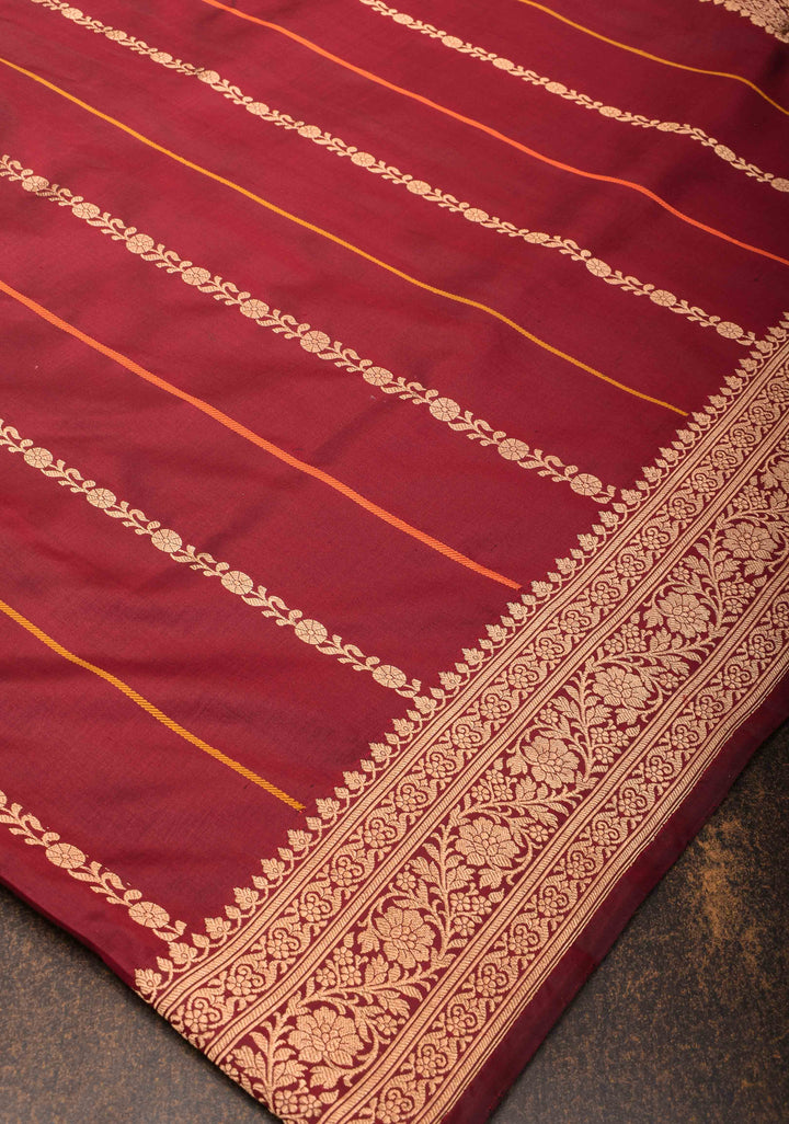 Maroon Banarasi mashru silk saree with Vertical Stripes and Zari Border| SILK MARK CERTIFIED