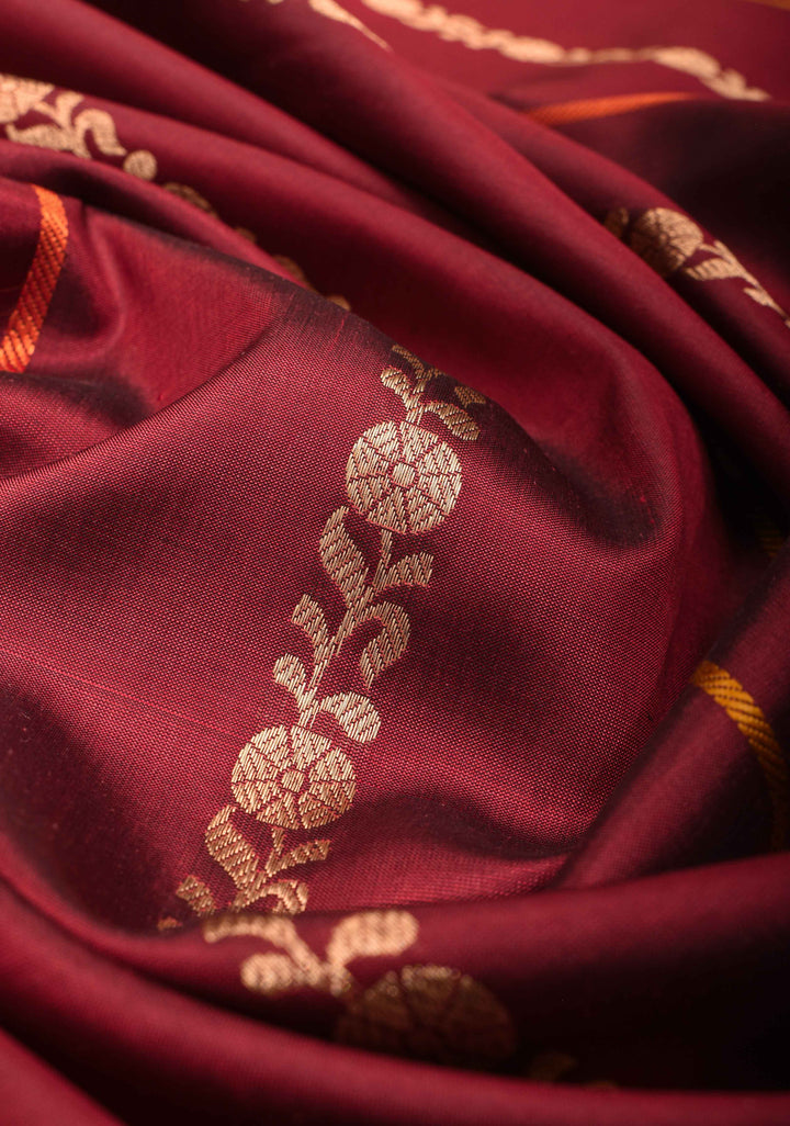 Maroon Banarasi mashru silk saree with Vertical Stripes and Zari Border| SILK MARK CERTIFIED