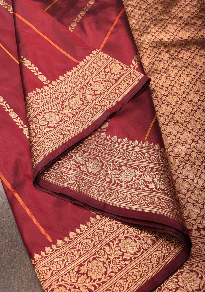 Maroon Banarasi mashru silk saree with Vertical Stripes and Zari Border| SILK MARK CERTIFIED