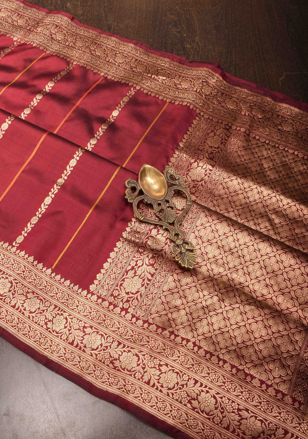 Maroon Banarasi mashru silk saree with Vertical Stripes and Zari Border| SILK MARK CERTIFIED