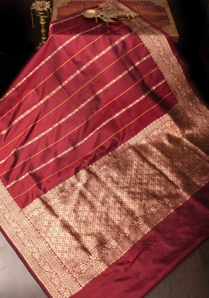 Maroon Banarasi mashru silk saree with Vertical Stripes and Zari Border| SILK MARK CERTIFIED