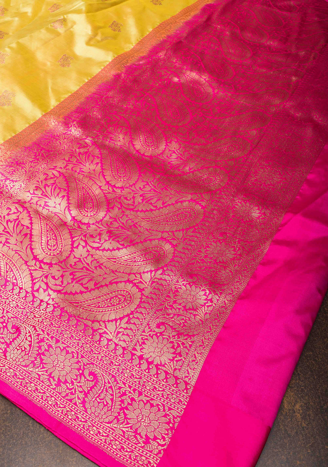 Tea Green Banarasi Katan Silk Saree with Paisley Buttas and Contrast Border | Silk Mark Certified
