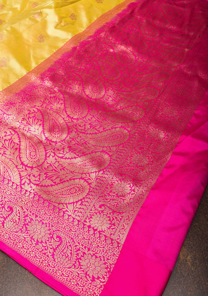 Tea Green Banarasi Katan Silk Saree with Paisley Buttas and Contrast Border | Silk Mark Certified