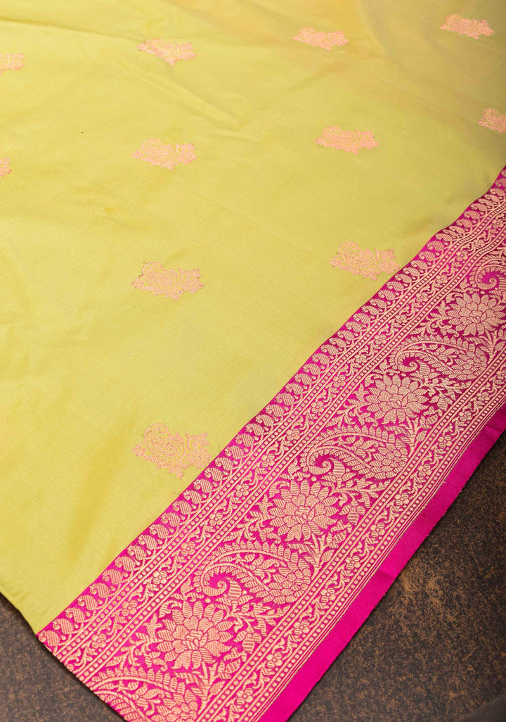 Tea Green Banarasi Katan Silk Saree with Paisley Buttas and Contrast Border | Silk Mark Certified