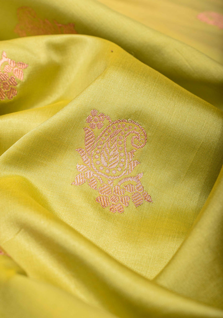 Tea Green Banarasi Katan Silk Saree with Paisley Buttas and Contrast Border | Silk Mark Certified