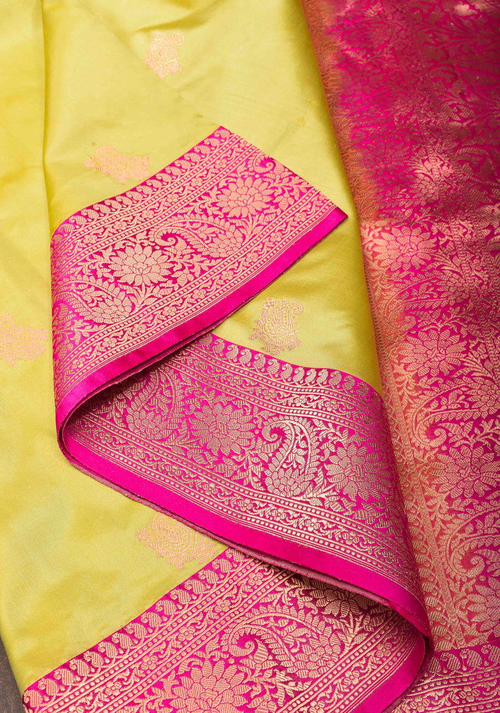 Tea Green Banarasi Katan Silk Saree with Paisley Buttas and Contrast Border | Silk Mark Certified