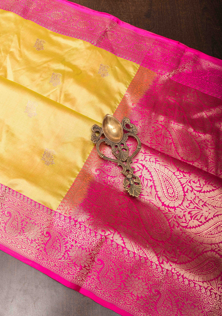 Tea Green Banarasi Katan Silk Saree with Paisley Buttas and Contrast Border | Silk Mark Certified