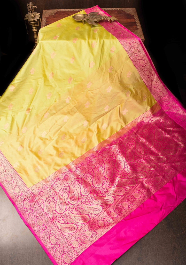 Tea Green Banarasi Katan Silk Saree with Paisley Buttas and Contrast Border | Silk Mark Certified