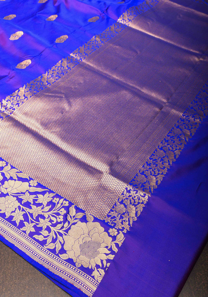 Blue Mashru Silk Saree with Floral Butti and Zari Border | Silk Mark Certified