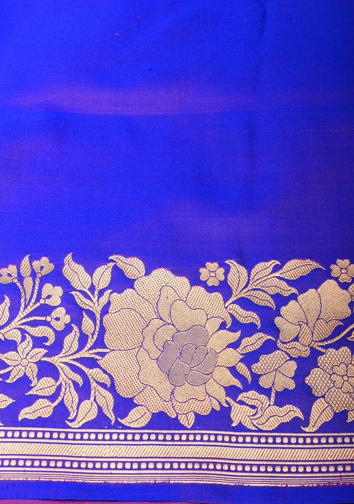 Blue Mashru Silk Saree with Floral Butti and Zari Border | Silk Mark Certified