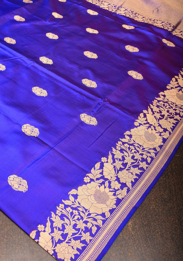 Blue Mashru Silk Saree with Floral Butti and Zari Border | Silk Mark Certified