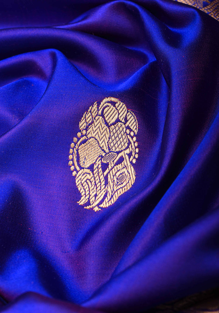 Blue Mashru Silk Saree with Floral Butti and Zari Border | Silk Mark Certified