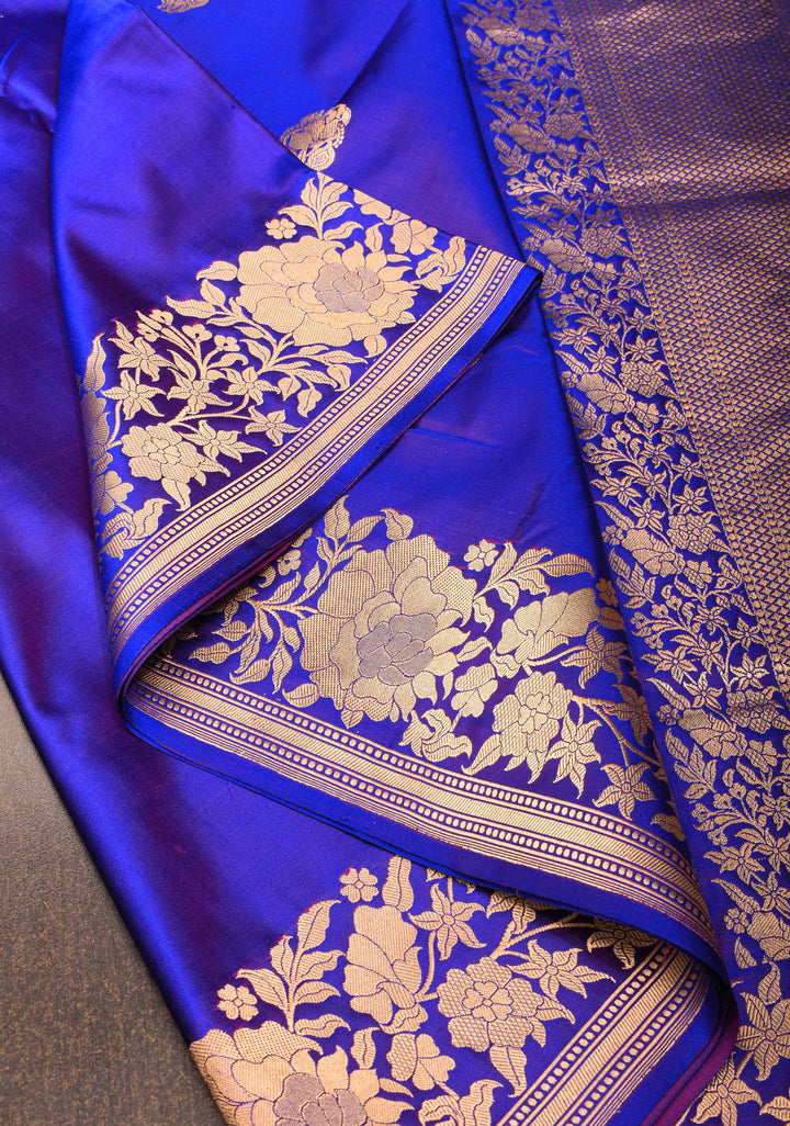 Blue Mashru Silk Saree with Floral Butti and Zari Border | Silk Mark Certified