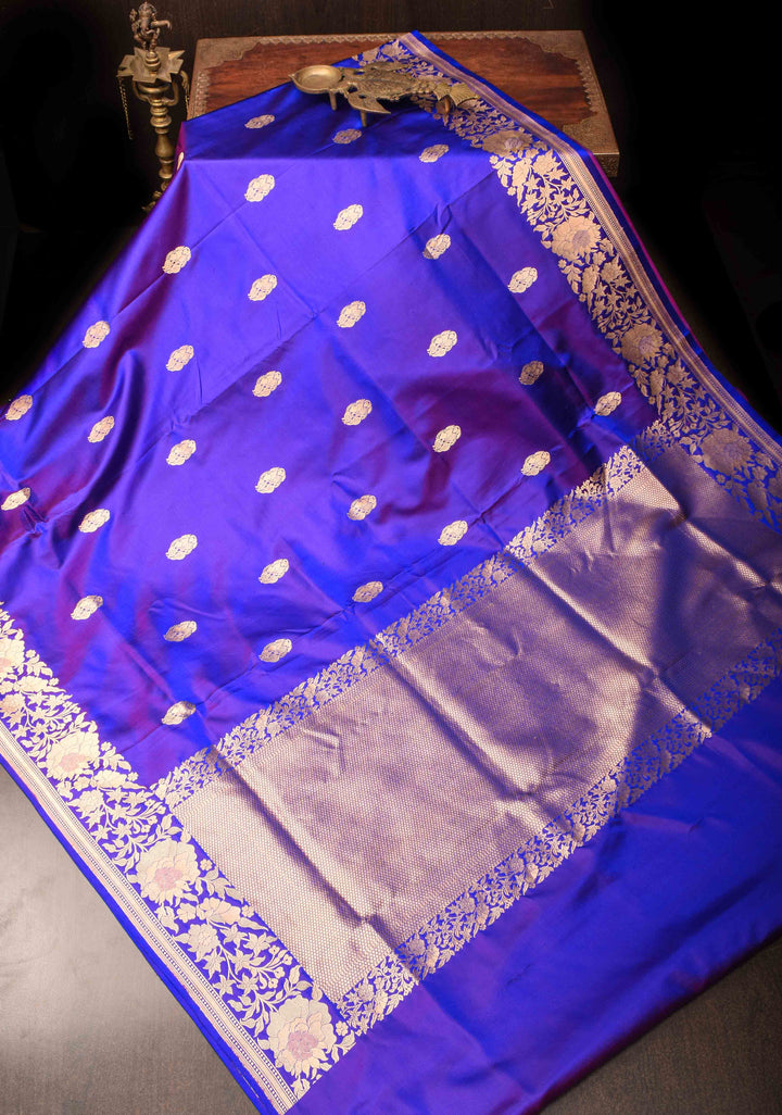 Blue Mashru Silk Saree with Floral Butti and Zari Border | Silk Mark Certified