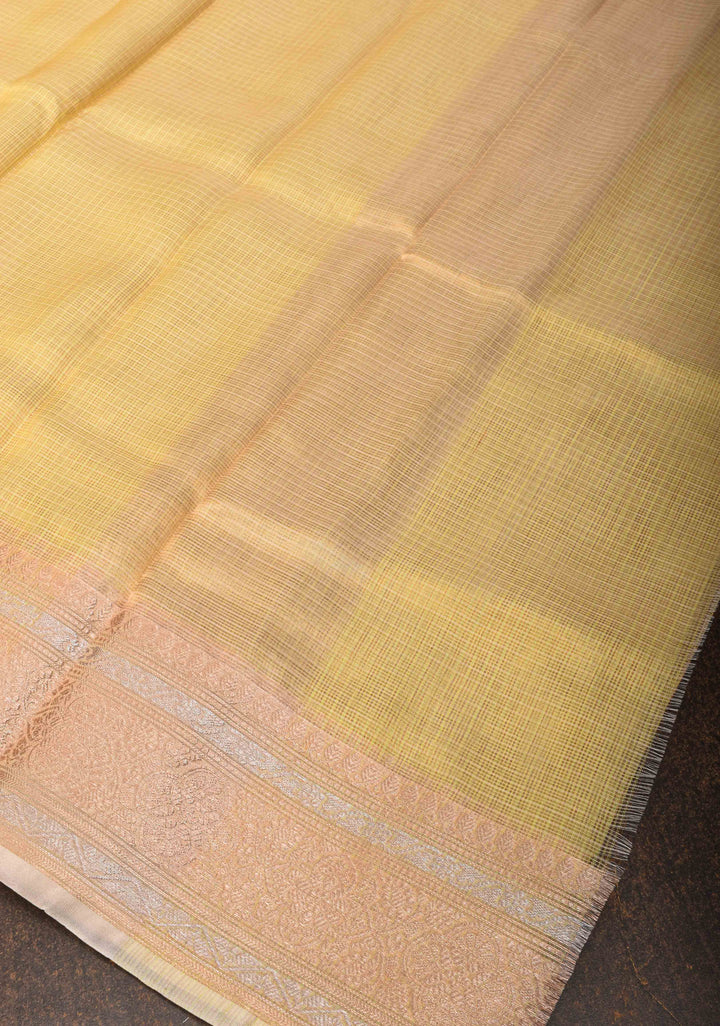 Yellow Kota Doria Cotton tissue Saree with Sona Rupa Zari Border