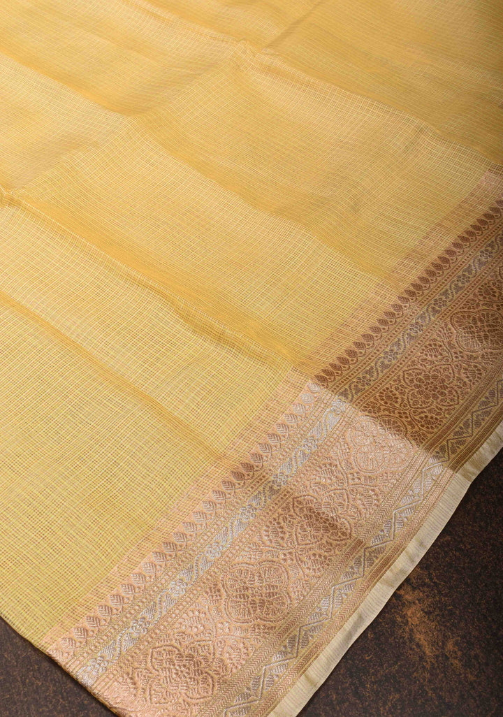 Yellow Kota Doria Cotton tissue Saree with Sona Rupa Zari Border