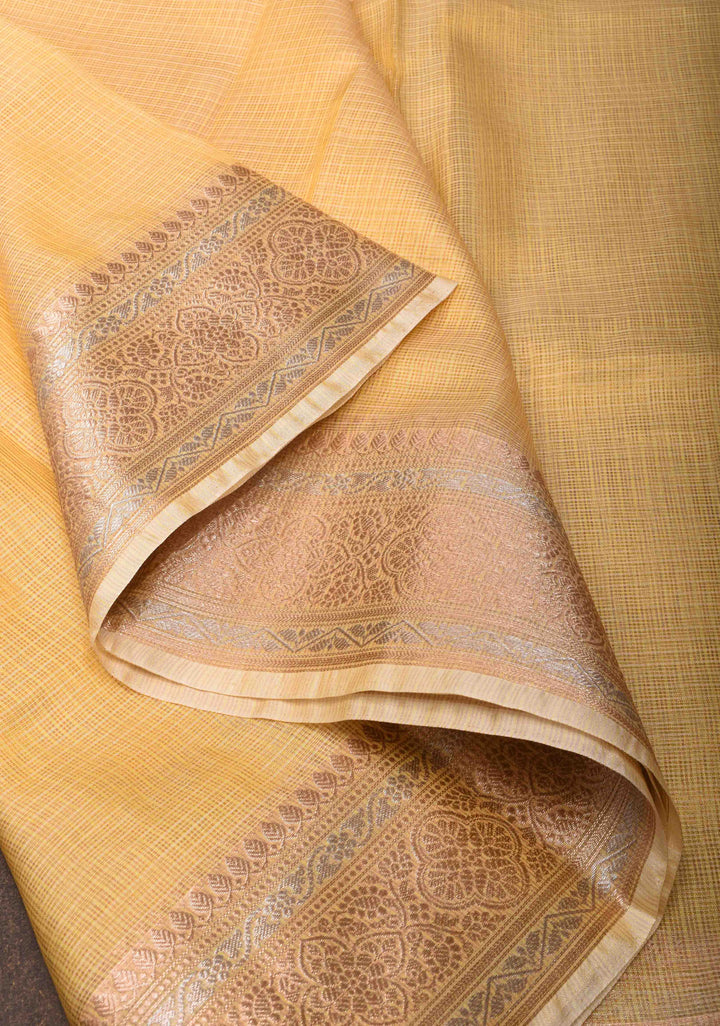 Yellow Kota Doria Cotton tissue Saree with Sona Rupa Zari Border