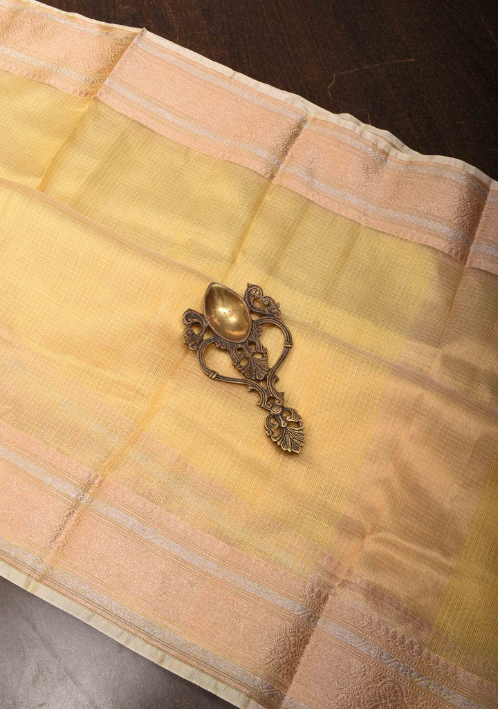 Yellow Kota Doria Cotton tissue Saree with Sona Rupa Zari Border