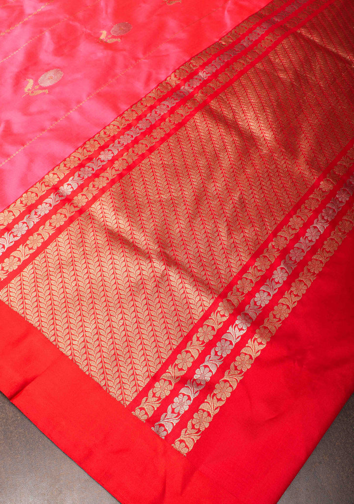 French Rose Banarasi Katan silk saree with Vertical Stripes, Alfi Floral Buttas and Contrast Border | SILK MARK CERTIFIED