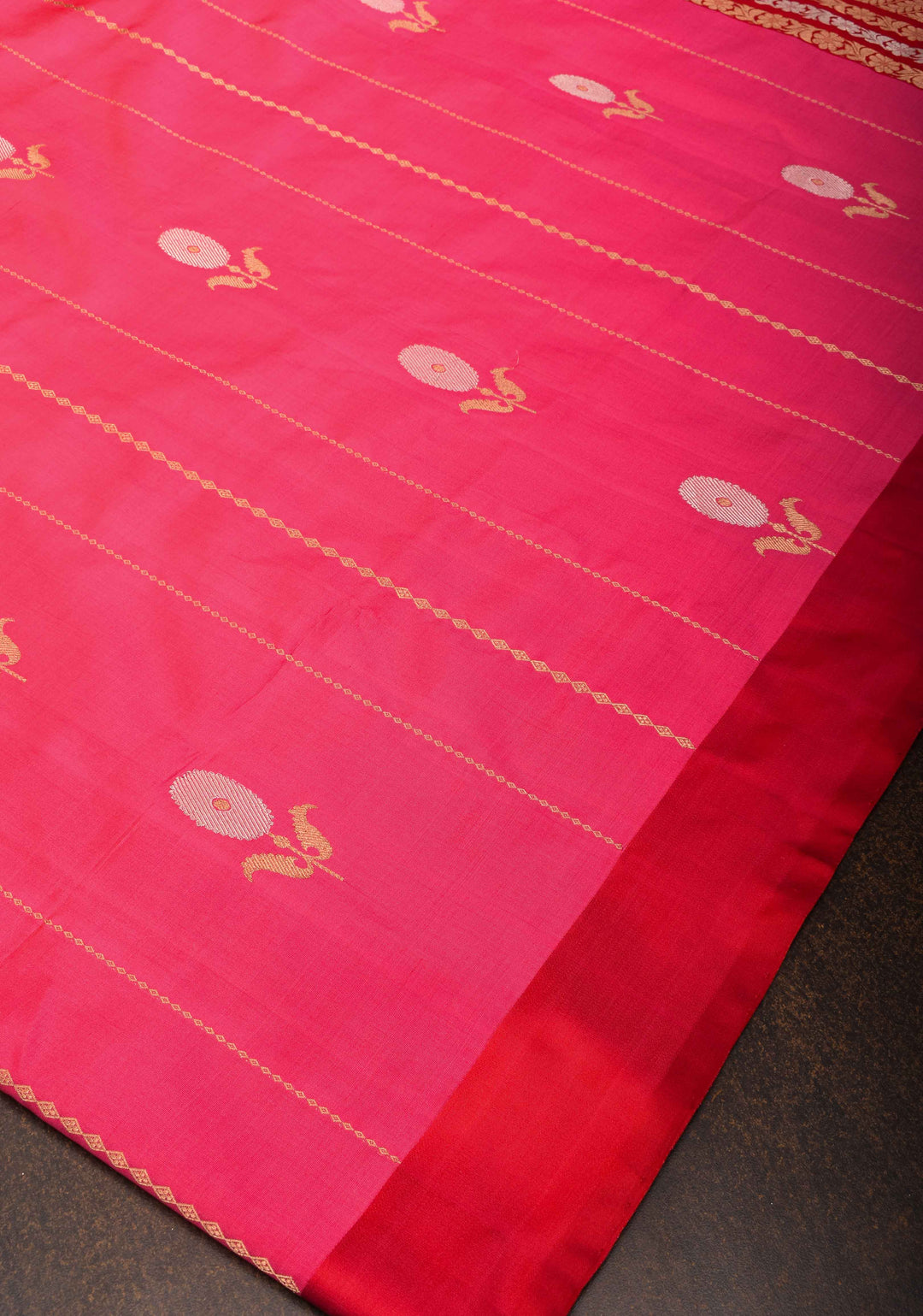 French Rose Banarasi Katan silk saree with Vertical Stripes, Alfi Floral Buttas and Contrast Border | SILK MARK CERTIFIED
