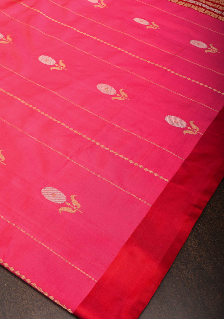French Rose Banarasi Katan silk saree with Vertical Stripes, Alfi Floral Buttas and Contrast Border | SILK MARK CERTIFIED