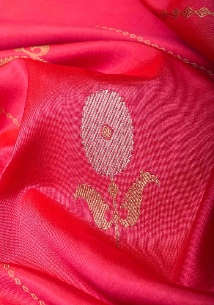French Rose Banarasi Katan silk saree with Vertical Stripes, Alfi Floral Buttas and Contrast Border | SILK MARK CERTIFIED