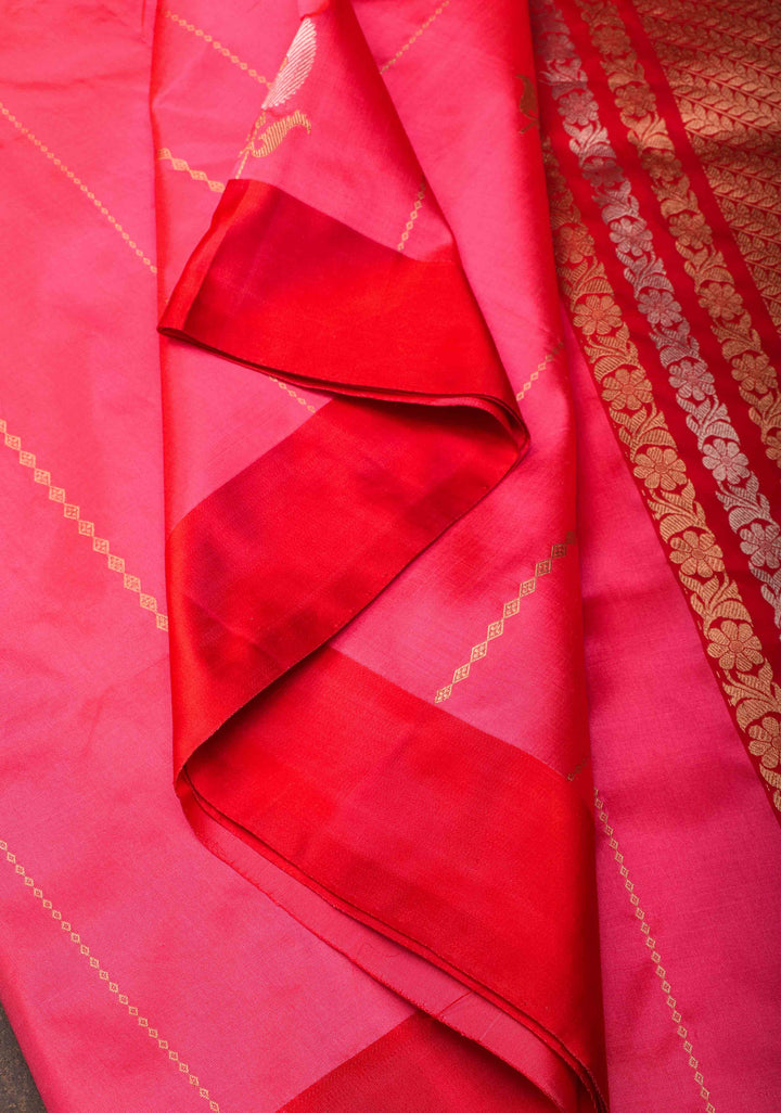 French Rose Banarasi Katan silk saree with Vertical Stripes, Alfi Floral Buttas and Contrast Border | SILK MARK CERTIFIED