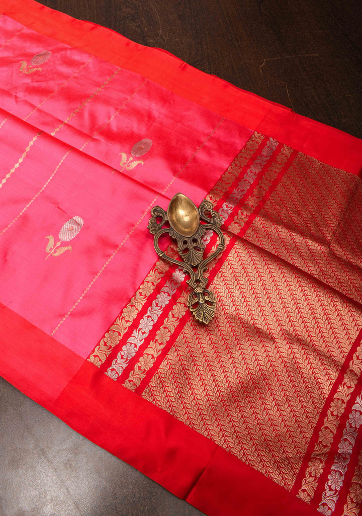 French Rose Banarasi Katan silk saree with Vertical Stripes, Alfi Floral Buttas and Contrast Border | SILK MARK CERTIFIED