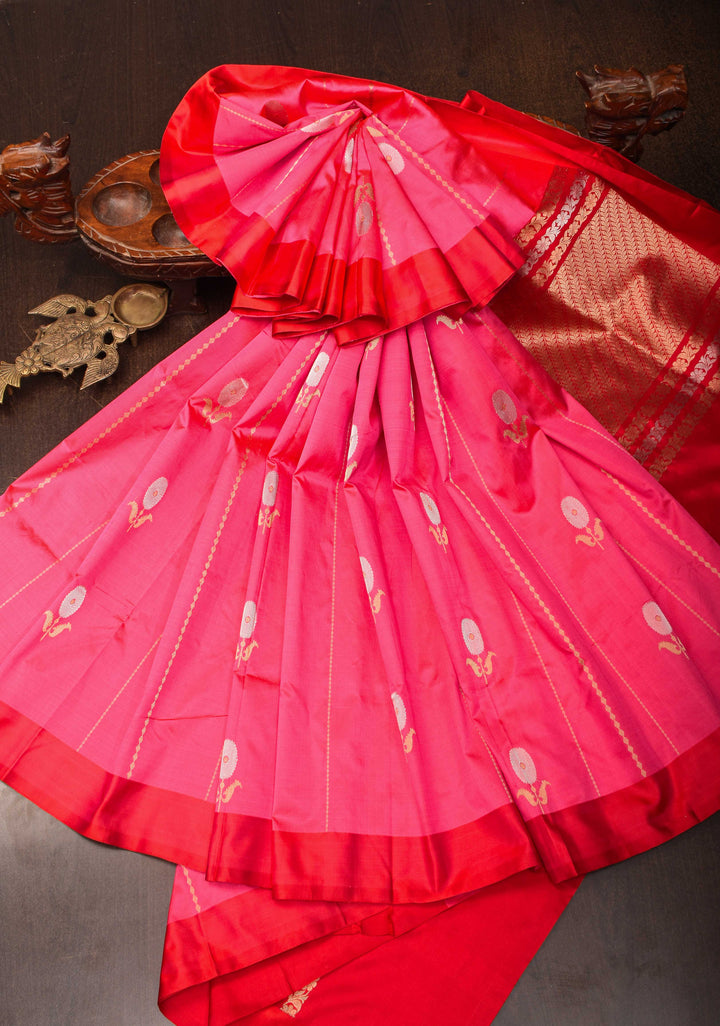 French Rose Banarasi Katan silk saree with Vertical Stripes, Alfi Floral Buttas and Contrast Border | SILK MARK CERTIFIED