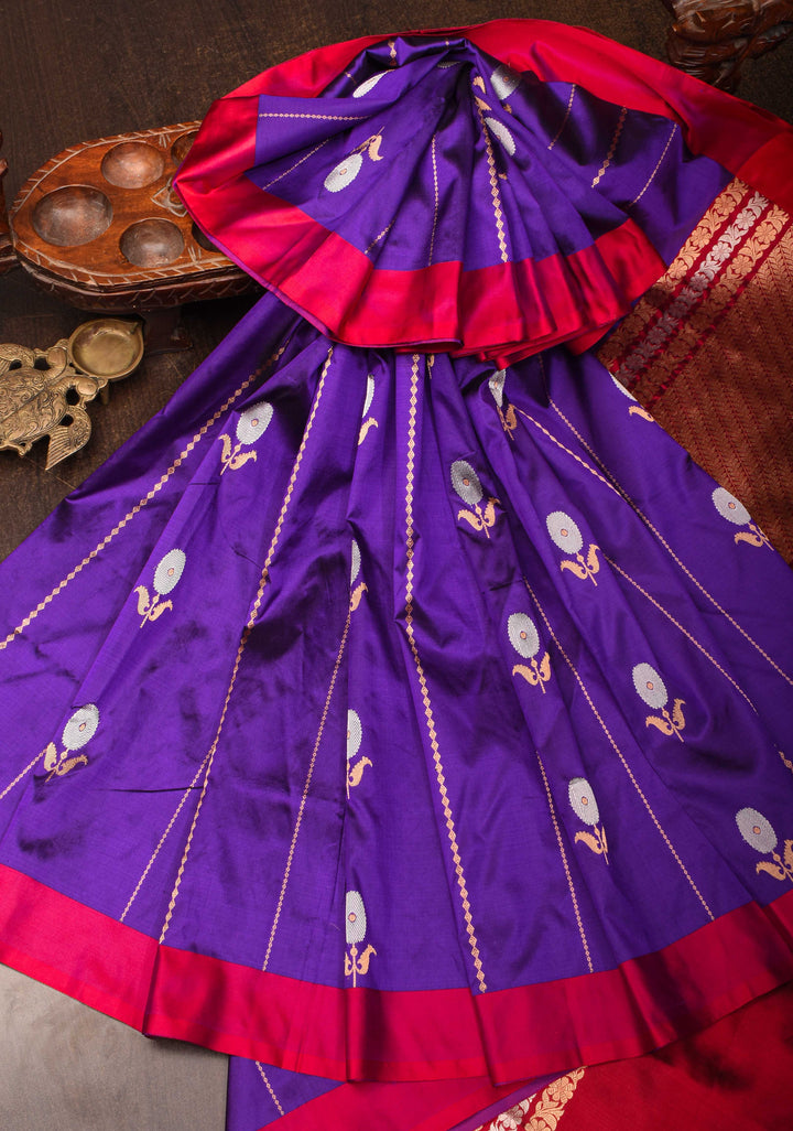 Purple Banarasi Katan silk saree with Vertical Stripes, Alfi Floral Buttas and Contrast Border | SILK MARK CERTIFIED
