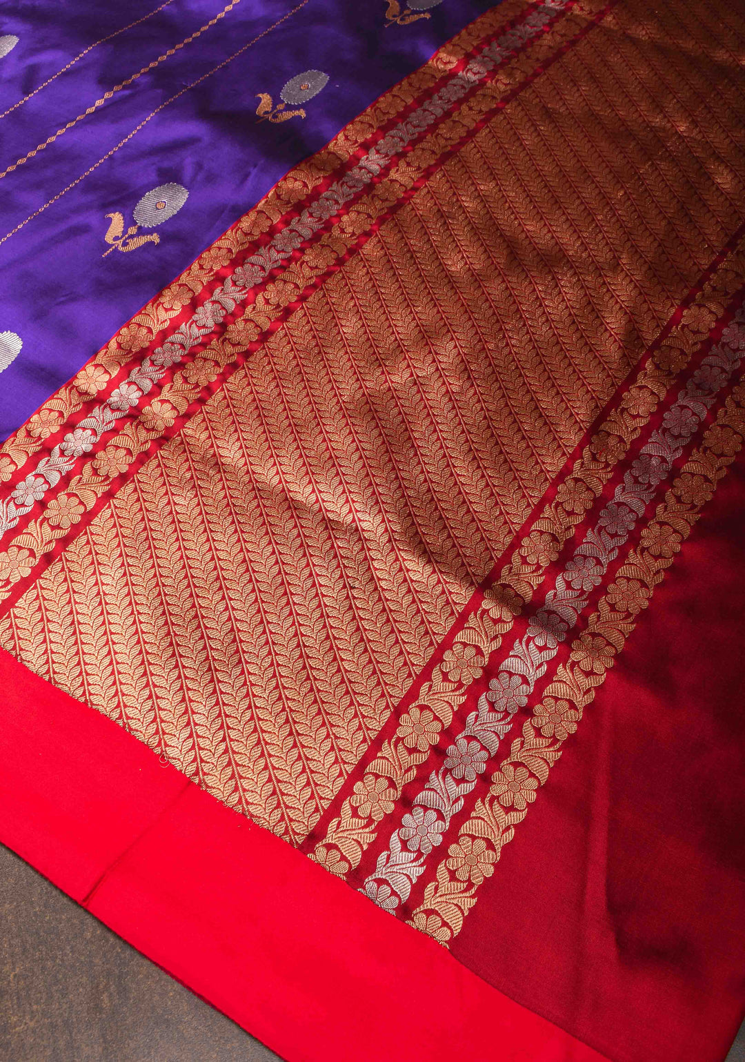 Purple Banarasi Katan silk saree with Vertical Stripes, Alfi Floral Buttas and Contrast Border | SILK MARK CERTIFIED