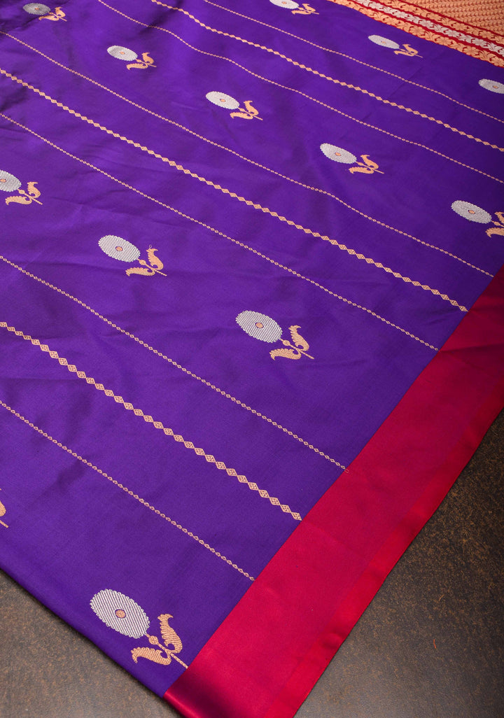 Purple Banarasi Katan silk saree with Vertical Stripes, Alfi Floral Buttas and Contrast Border | SILK MARK CERTIFIED