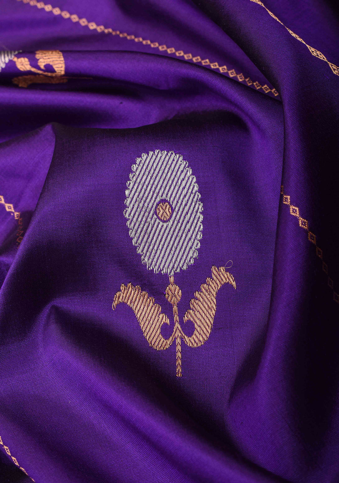 Purple Banarasi Katan silk saree with Vertical Stripes, Alfi Floral Buttas and Contrast Border | SILK MARK CERTIFIED