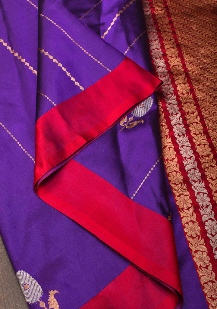 Purple Banarasi Katan silk saree with Vertical Stripes, Alfi Floral Buttas and Contrast Border | SILK MARK CERTIFIED