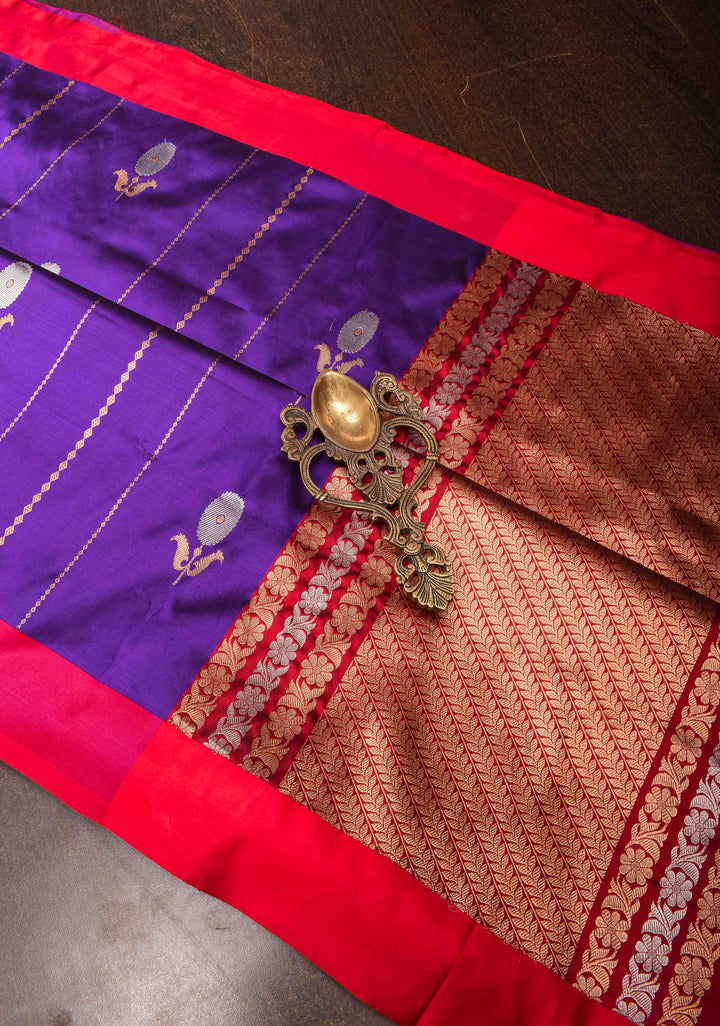 Purple Banarasi Katan silk saree with Vertical Stripes, Alfi Floral Buttas and Contrast Border | SILK MARK CERTIFIED