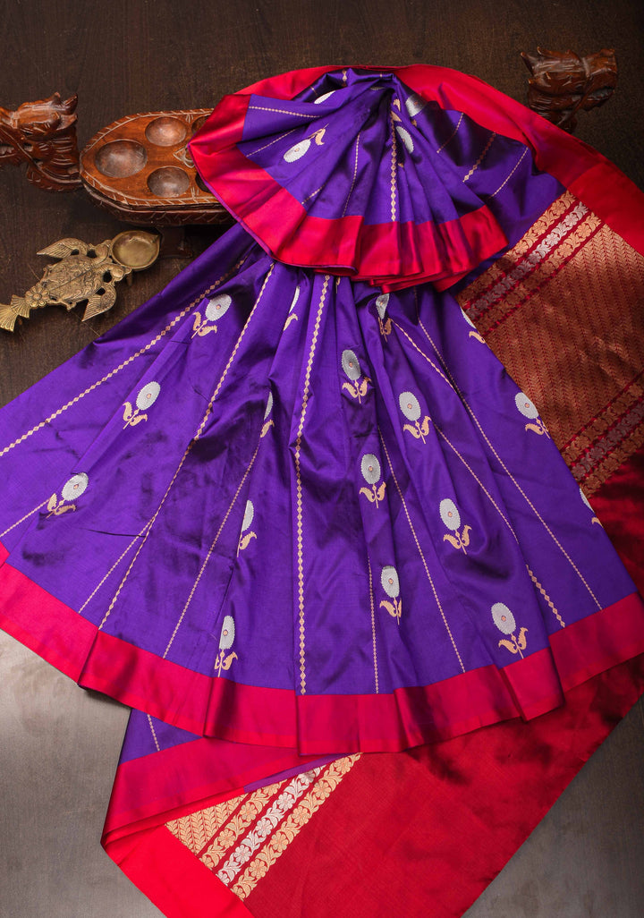 Purple Banarasi Katan silk saree with Vertical Stripes, Alfi Floral Buttas and Contrast Border | SILK MARK CERTIFIED