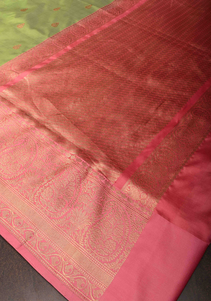 Muted Green Banarasi Katan silk saree with Zari Buttas and Contrast Zari Border | SILK MARK CERTIFIED