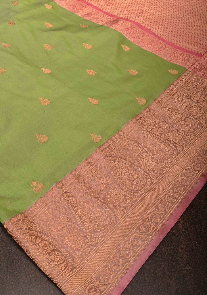 Muted Green Banarasi Katan silk saree with Zari Buttas and Contrast Zari Border | SILK MARK CERTIFIED
