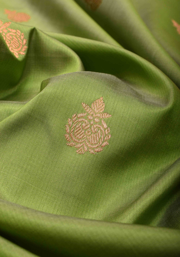 Muted Green Banarasi Katan silk saree with Zari Buttas and Contrast Zari Border | SILK MARK CERTIFIED