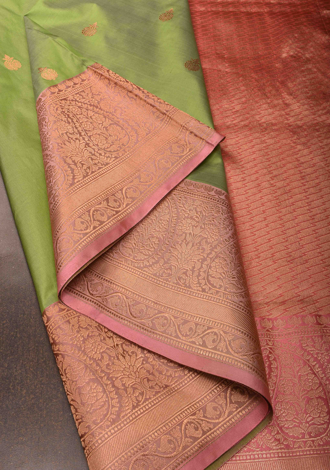 Muted Green Banarasi Katan silk saree with Zari Buttas and Contrast Zari Border | SILK MARK CERTIFIED