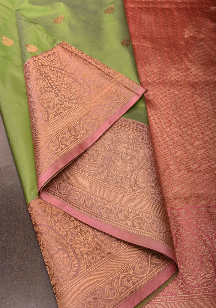Muted Green Banarasi Katan silk saree with Zari Buttas and Contrast Zari Border | SILK MARK CERTIFIED