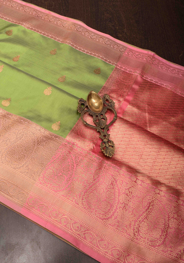 Muted Green Banarasi Katan silk saree with Zari Buttas and Contrast Zari Border | SILK MARK CERTIFIED