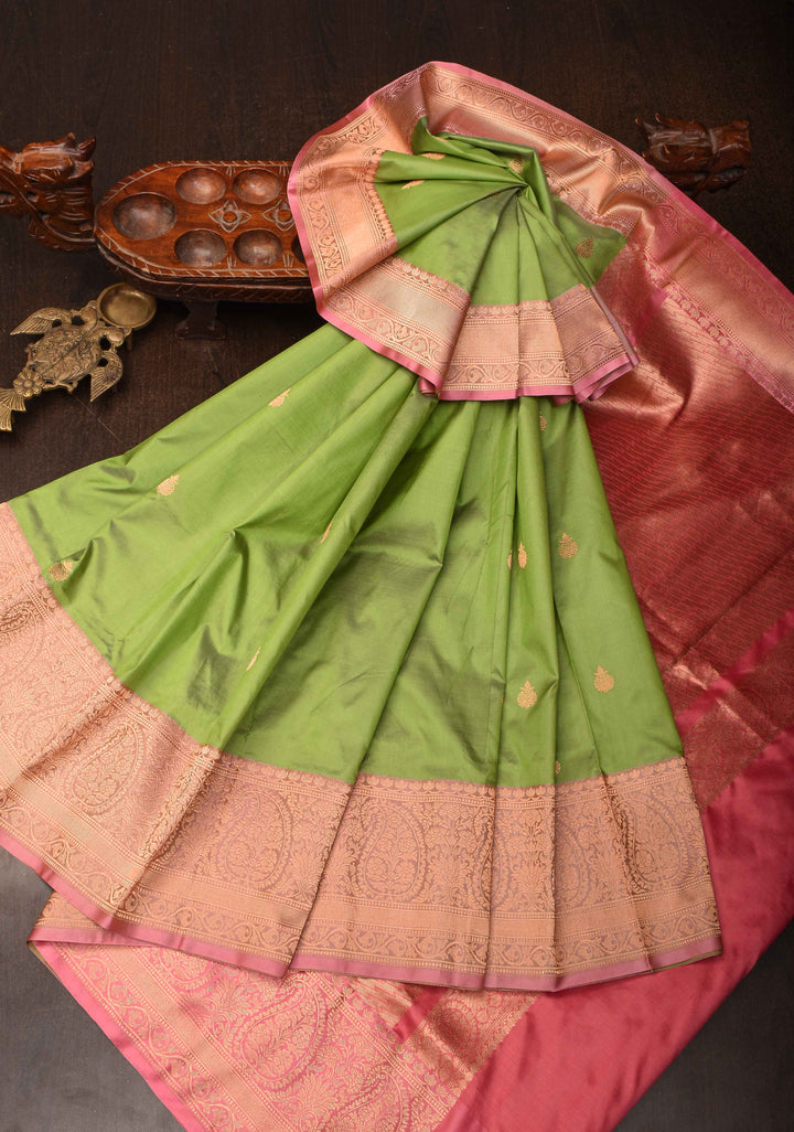 Muted Green Banarasi Katan silk saree with Zari Buttas and Contrast Zari Border | SILK MARK CERTIFIED