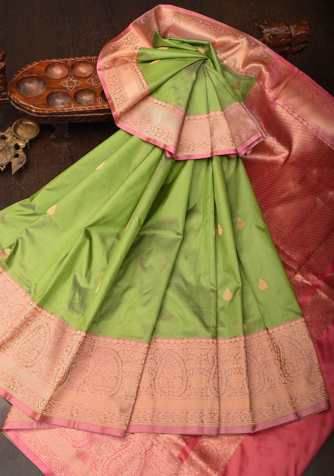 Muted Green Banarasi Katan silk saree with Zari Buttas and Contrast Zari Border | SILK MARK CERTIFIED