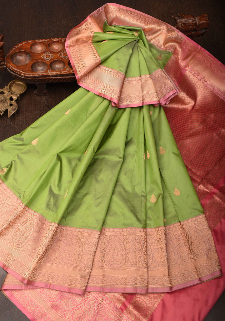 Muted Green Banarasi Katan silk saree with Zari Buttas and Contrast Zari Border | SILK MARK CERTIFIED