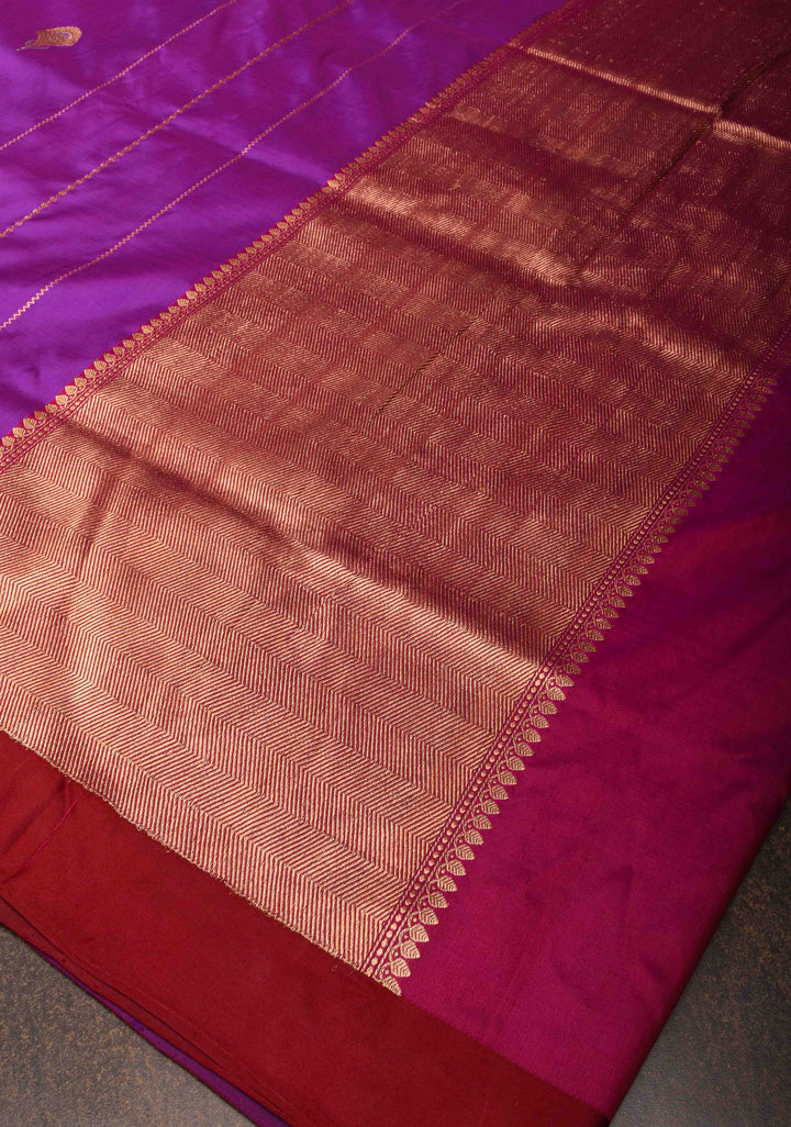 Purple Banarasi Katan silk saree with Vertical Stripes, Alfi Floral Buttas and Contrast Border | SILK MARK CERTIFIED